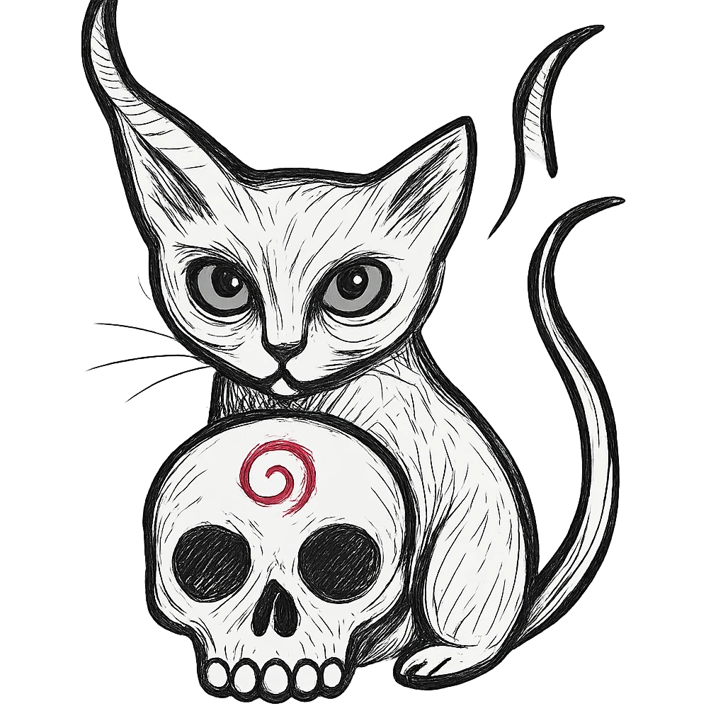 Adjust the composition so the large skull is in front of the cat and covers the cat's belly. Keep the realistic hand drawn style with dynamic outlines and no fill. Preserve the charm on the horn, the cat's green eyes, and the red spiral on the skull. Maintain transparent background. emoji