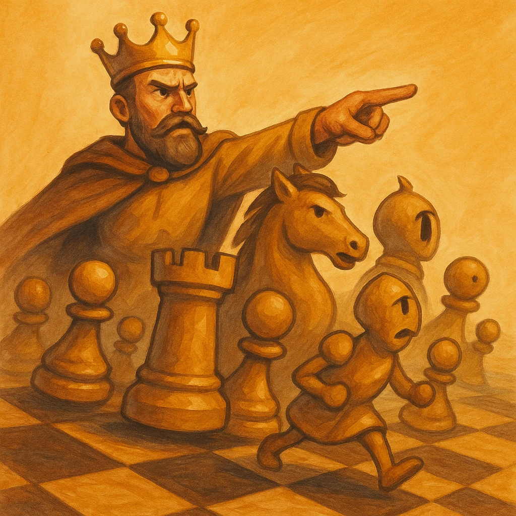 В cлегка рисованной, но при этом объемной и яркой стилистике сгенерируй картинку где по центр стоит шахматный король, он указывает пальцем в даль как военноначальник, а рядом фигуры пешек, конь, ладья, слон идут в атаку, на полу виднеется шахматная доска, фон позади фигур однотонный emoji