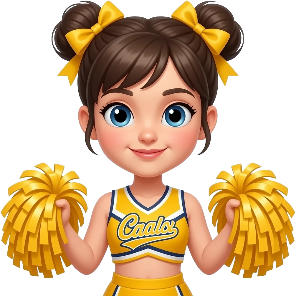 wide body cheerleader girl kid with two sided bun and wear vibrant yellow cheerleader outfit and poom poom in hands face close up emoji