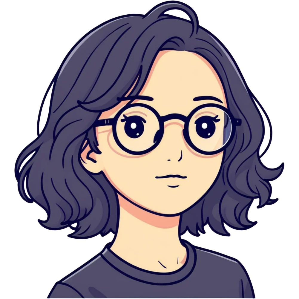 Wavy hair, round face with a black spectacle  emoji