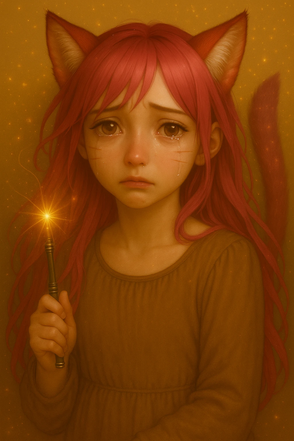 Change the character's expression to sad with teary eyes and a gentle frown, maintaining the realistic anime style. Keep the pink hair, magical accessory, and sparkles as in the original image. emoji