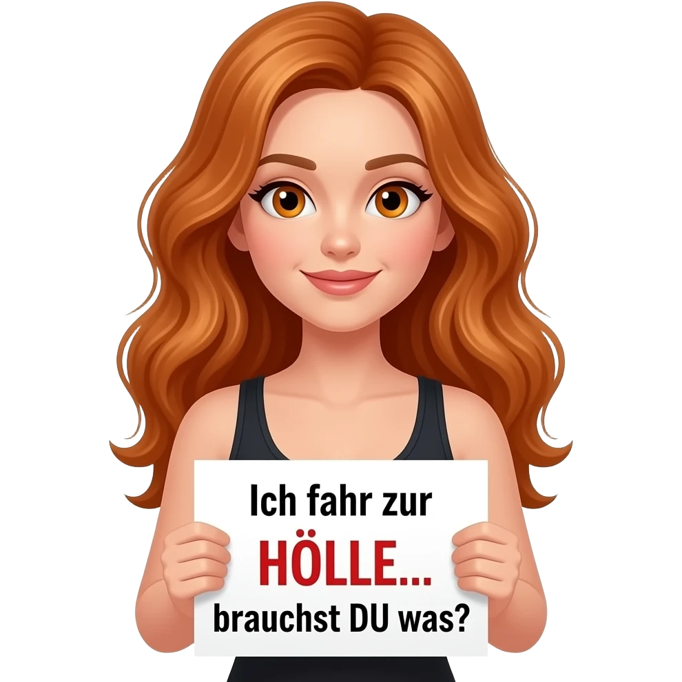 sexy girl with long wavy ginger hair and ginger eyes wearing a black tanktop is holding a white sign with Ich fahr zur HÖLLE... brauchst DU was? written on it emoji