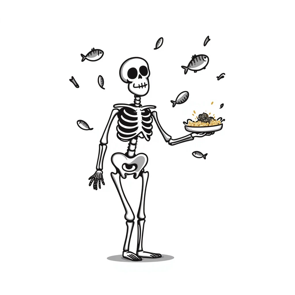 Ethereal skeleton in firm posture with floating sardines, bright yogurt, and golden sesame seeds around it, white light threads connecting the foods to the bones emoji