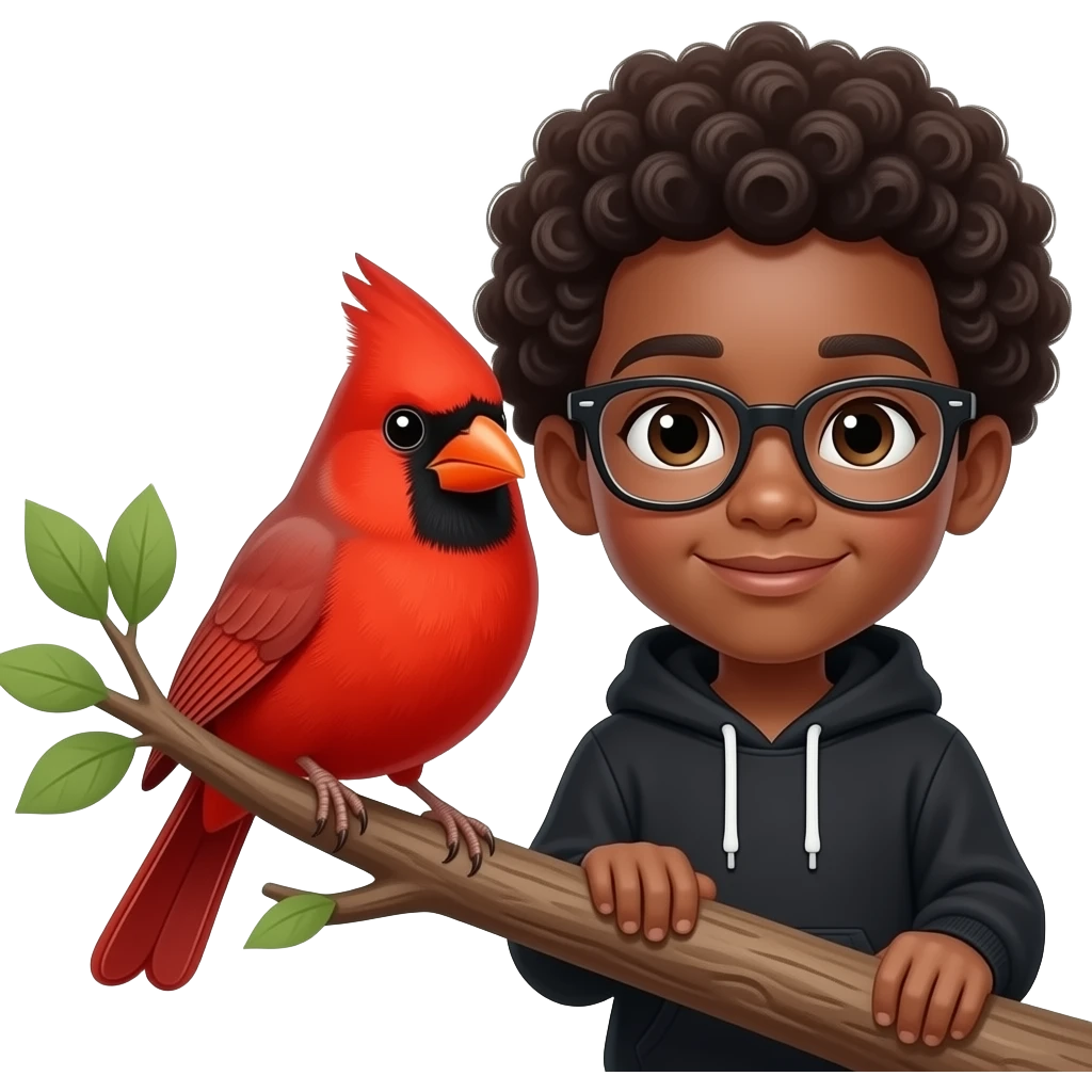 Red cardinal on a tree and African American boy with Afro eyeglasses and black hoodie emoji