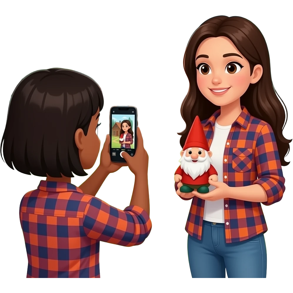 A black girl taking a photo of a spanish girl  holding a small gnome while standing in front of a cabin in the woods. Both wearing flannel emoji