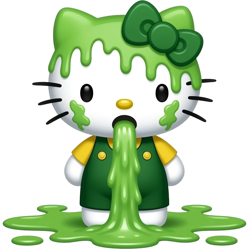 A green and white Hello Kitty with a vomit-covered face meets a silly person; she vomits a lot in the process, covering the ground in vomit; a Niagara Falls of vomit pours out of her mouth emoji