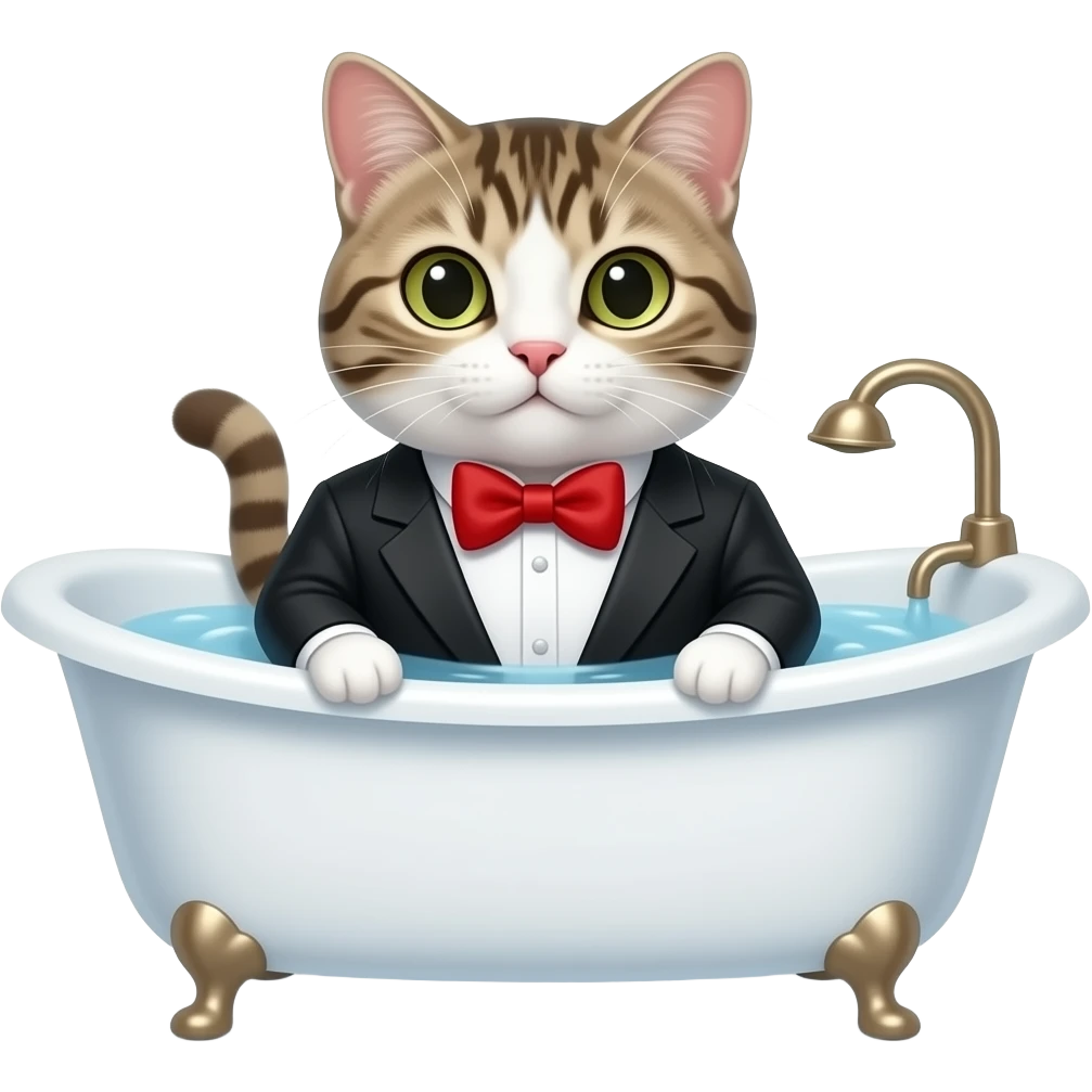 Cat shower in bathtub. A tuxado cat with red bow emoji