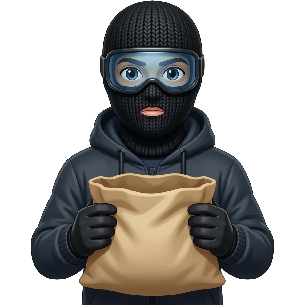 Somebody with a full black ski mask with a sack open emoji