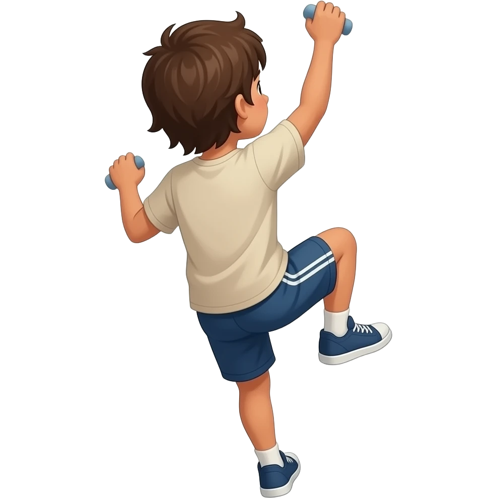 un niño de 12 años que se le vea todo el cuerpo, que sea moreno y que tenga el pelo medianamente largo. no tan moreno. que este escalando de espaldas y que solo este el chico emoji