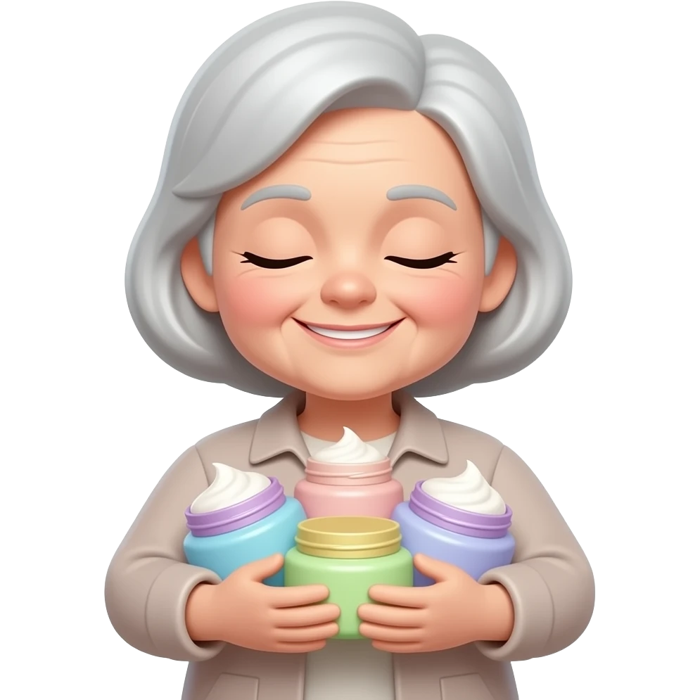 elderly woman avatar hugging many pastel cosmetic cream jars, soft smile, eyes closed, 3D memoji style, clean minimal, centered, soft lighting emoji