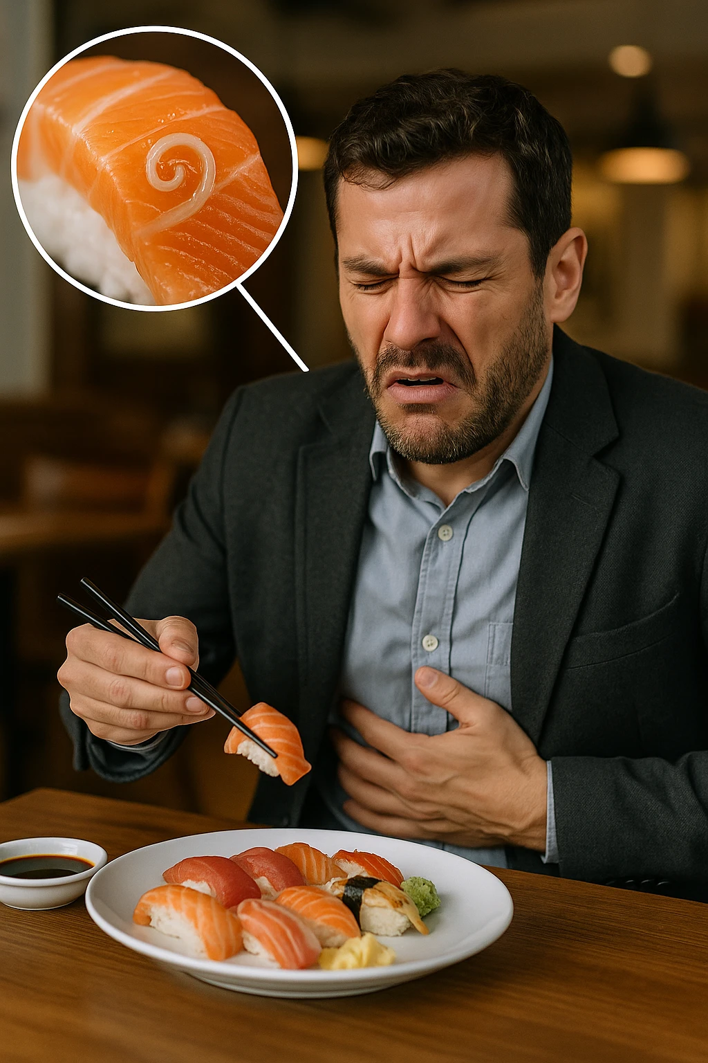 a man sits at a restaurant table, eating a plate of raw fish (such as sushi or sashimi). In a magnified inset, an Anisakis larva is visible inside a piece of fish. The man’s expression changes from enjoyment to sudden discomfort, holding his stomach with a pained look. The background is softly blurred, focusing on the man and the food. in italiano emoji