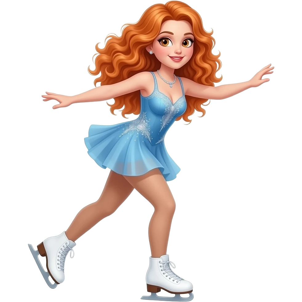 sexy girl with long curly ginger hair and ginger eyes is doing skating emoji