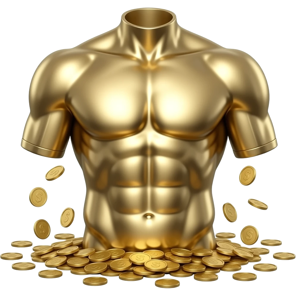 create a all chrome colored greek half upper body statue with muscels and money coins falling in the background emoji