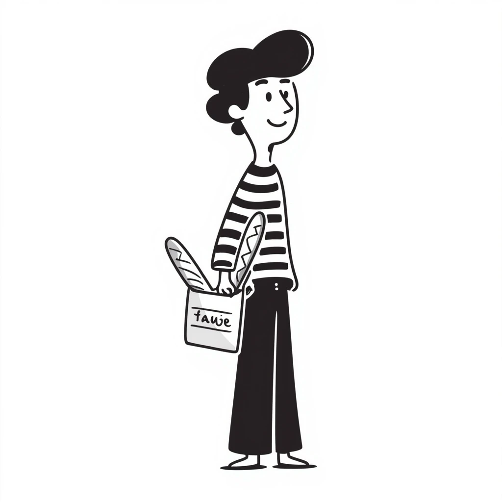 A Frenchman with a beret, holding a baguette under his elbow, wearing a black and white striped shirt, hand-drawn doodle style. emoji