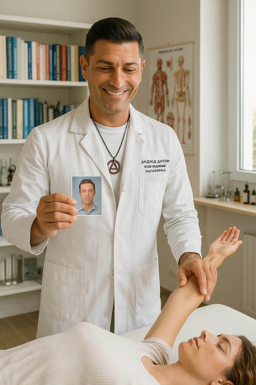 a middle-aged man, dressed in casual professional attire, is in a bright, organized therapy studio. Durante una visita di kinesiologia, il testimone tiene con una mano la foto di una persona lontana (il “testimone”) tiene la foto in mano, mentre con l’altra mano esegue un test muscolare su un cliente presente. Sullo sfondo si vedono libri di kinesiologia, poster anatomici e strumenti tipici della disciplina. L’atmosfera è concentrata e serena, con luce naturale che entra dalla finestra, sottolineando l’aspetto alternativo e umano della pratica. emoji
