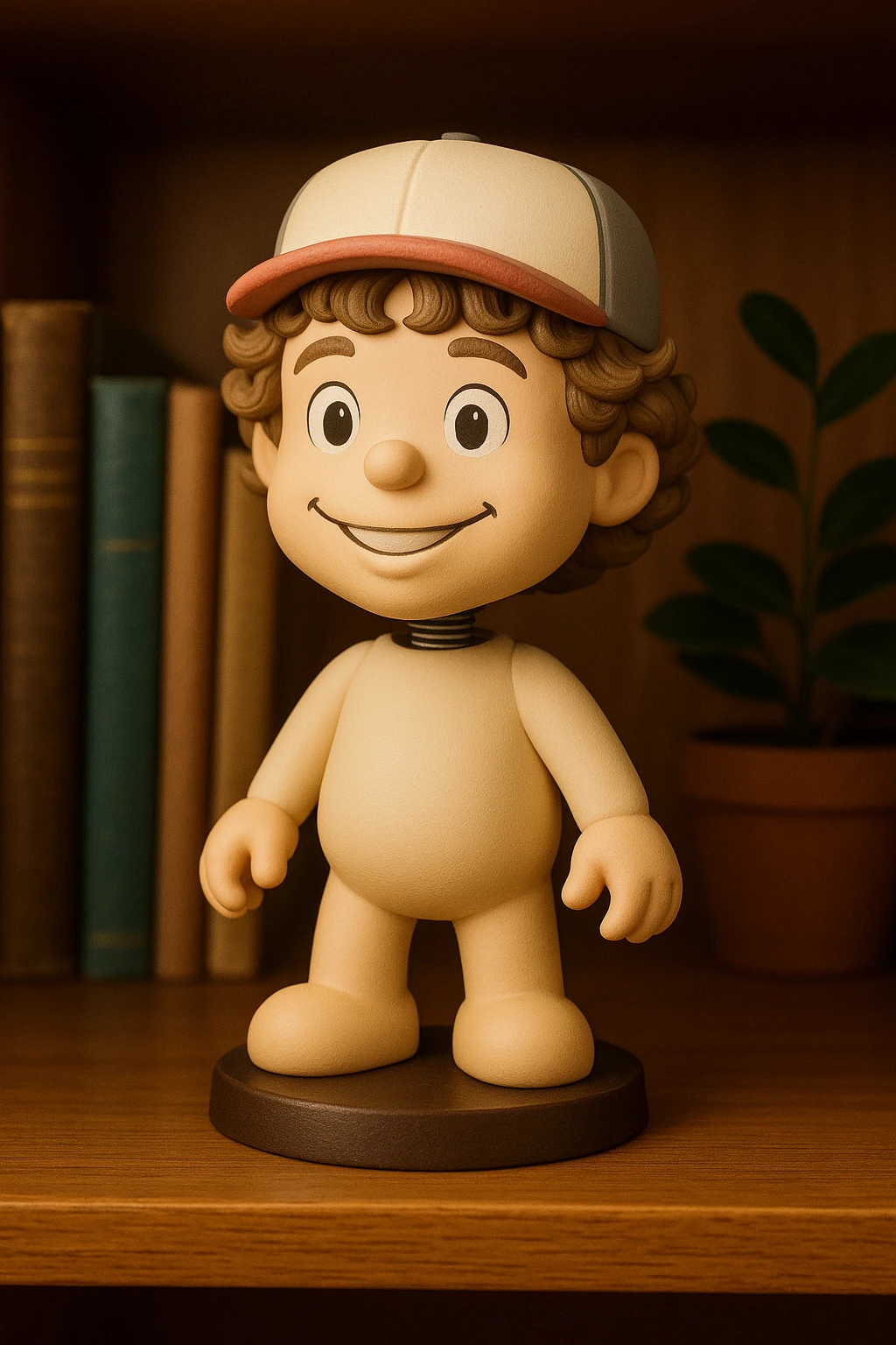 Transform this character into a plush teddy bear inspired by the Bobbie Goods style, keeping the colorful cap, curly hair, friendly smile, and cute bear body. Add plush texture and cozy details to enhance the cuddly appearance. emoji