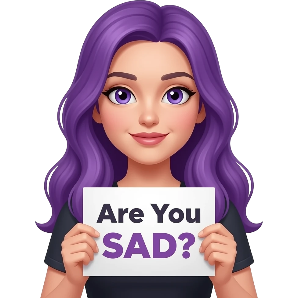 sexy girl with long purple hair and purple eyes holding Are You SAD? sign emoji
