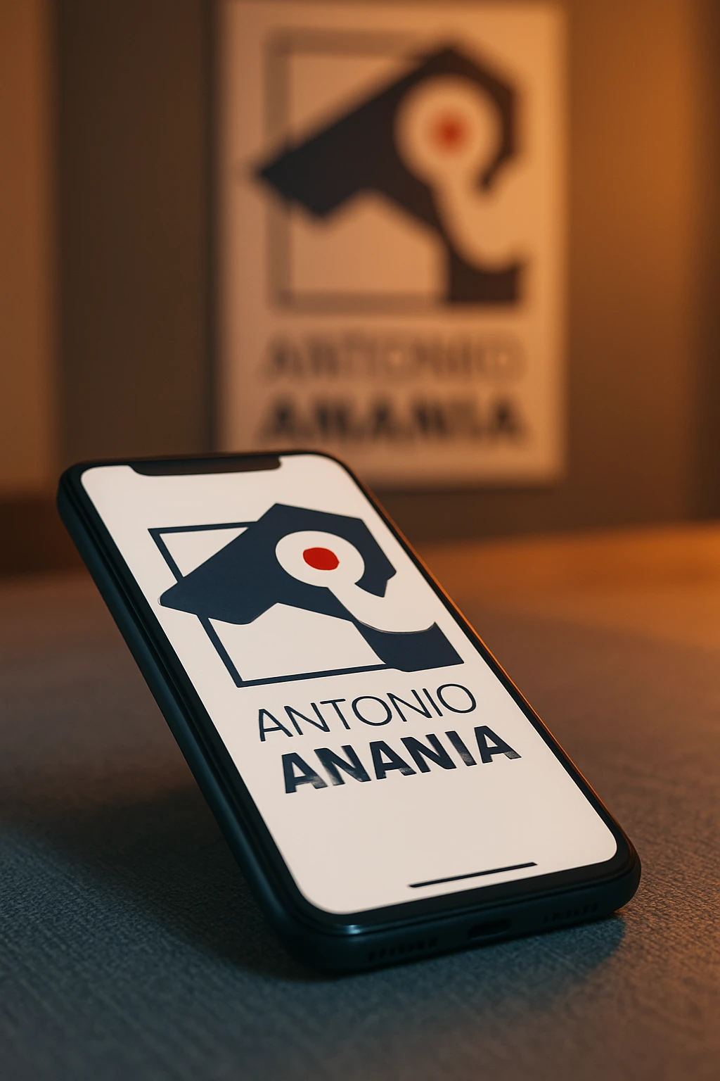 A photo of an iPhone on the desk with the logo of "Antonio Anania" on its screen, The phone sits atop a desk with a blurred with the logo in the background that suggests work environment. A faint glow from above casts gentle shadows across the surface of each object, creating depth and highlighting their textures emoji