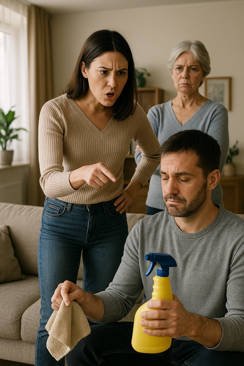 a woman stands assertively in the center of a living room, giving clear instructions to her partner. The man, with a submissive and resigned expression, follows her directions, perhaps holding household items or performing a chore. Behind them, an older woman (the mother-in-law) stands with crossed arms and a disapproving look, watching the scene unfold. The lighting is natural, and the atmosphere is tense but realistic. emoji