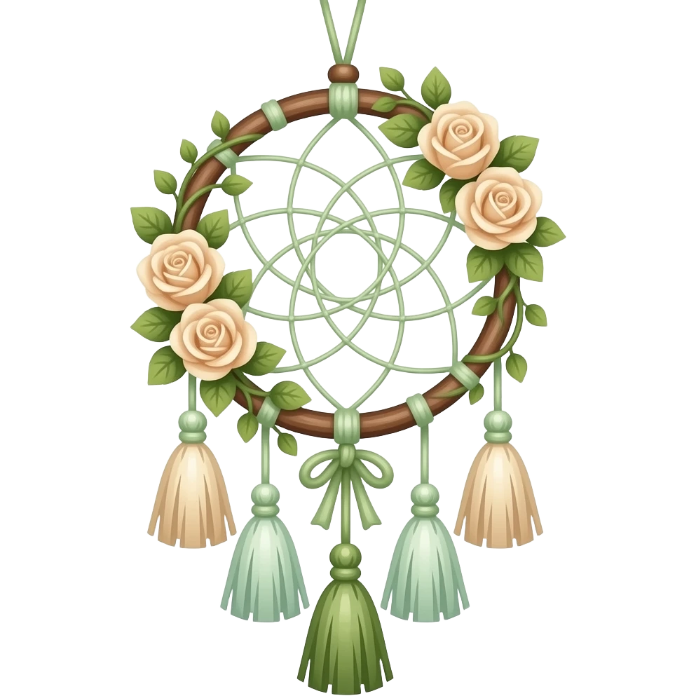 Hippie-like Cute dainty neat Pastel Green-white-brownish-beige-gradients thread-rope-hanging dreamcatcher, pastel colors, whitish, light, green academia aesthetic, mossy, with green vines and beige roses, Cottagecore, Princesscore, shiny glistening, vintage, tassels emoji