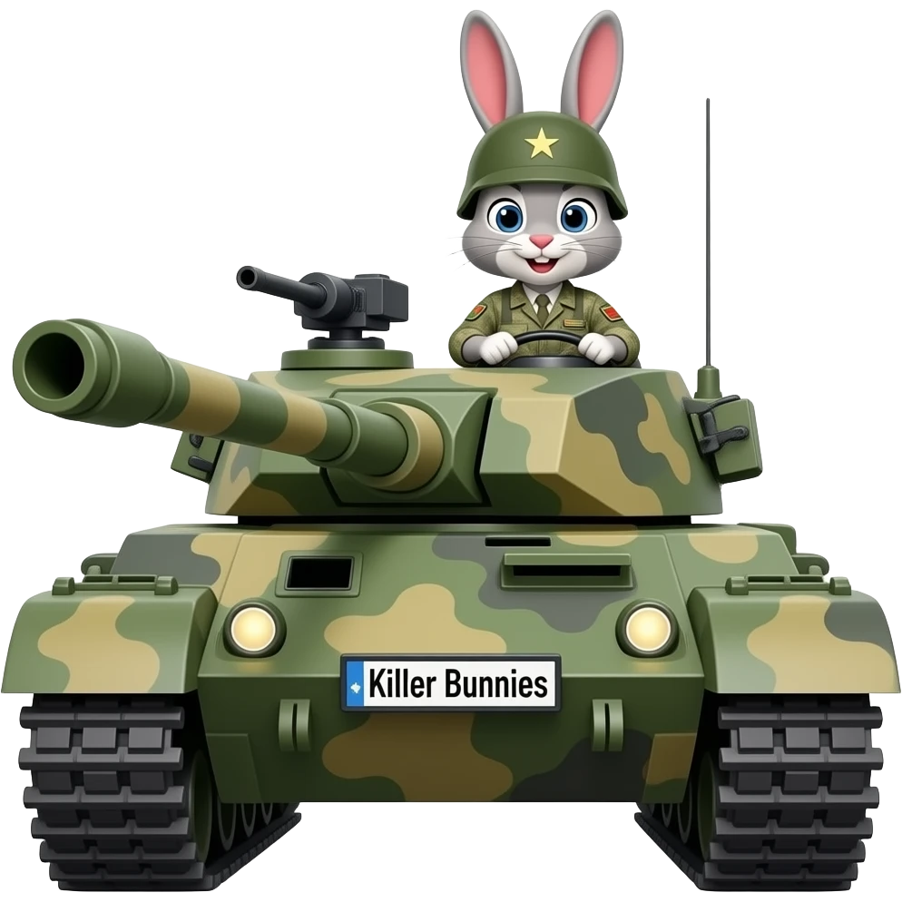 bunny in army fatigues driving a Tank text Killer Bunnies on bumper emoji