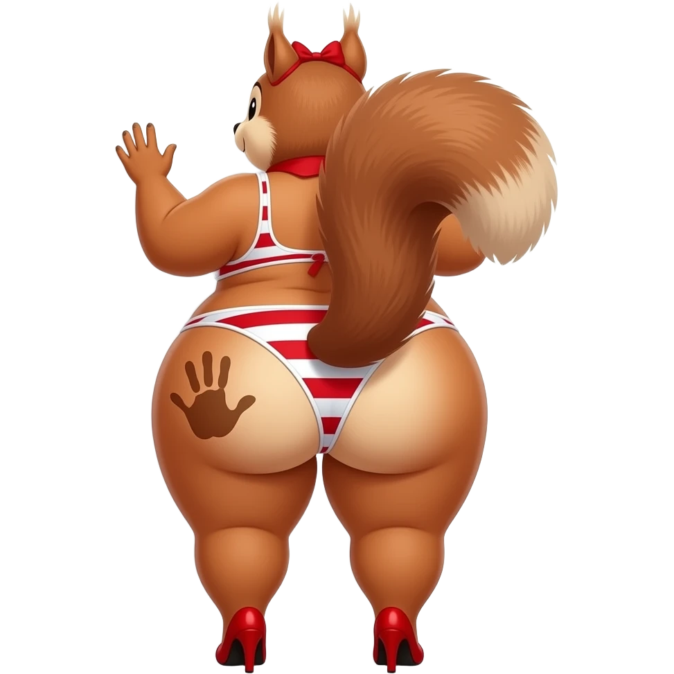 A tall really extremely obese heart shaped red and white really tight bikini big booty bbl squirrel showing back its big thighs and buttocks while putting her hands behind the wall and it has a brown colored hand print on her left buttocks and it with a red bow tie on her head wearing red heels emoji