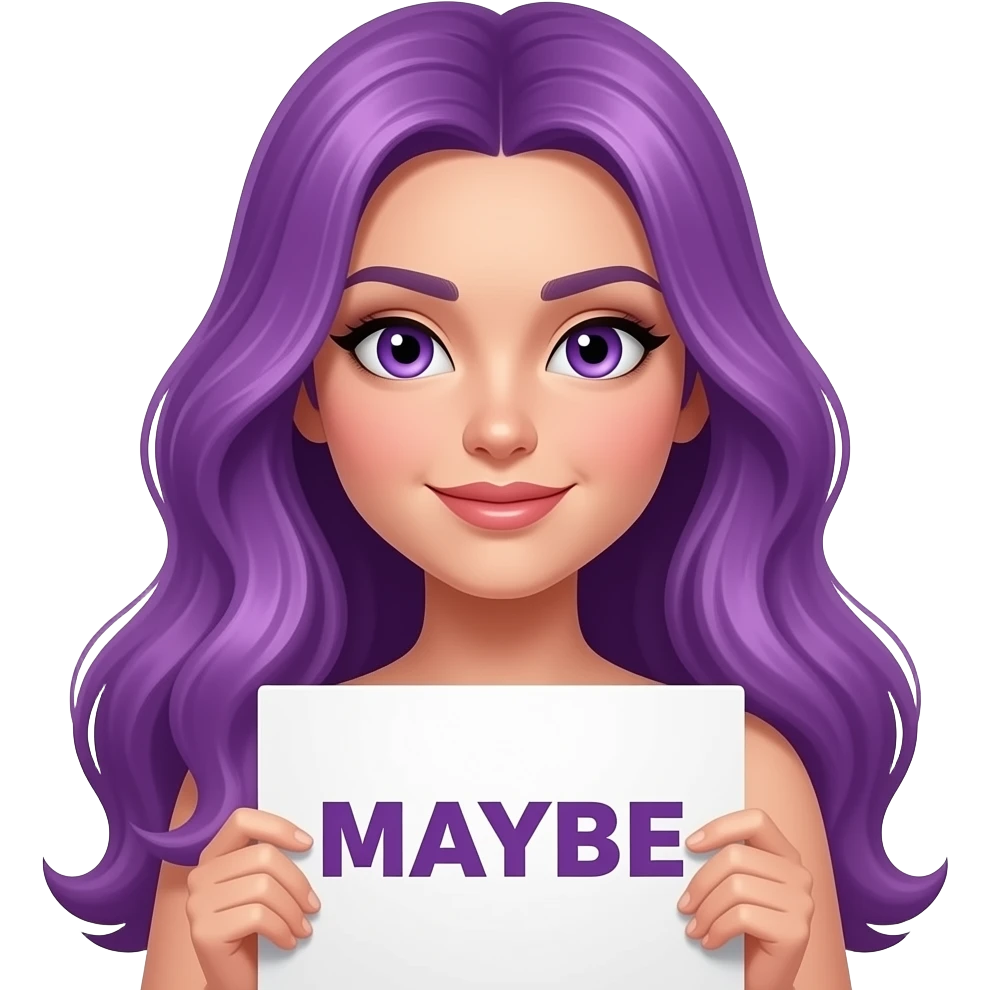 sexy girl with long purple hair and purple eyes holding a MAYBE... sign emoji