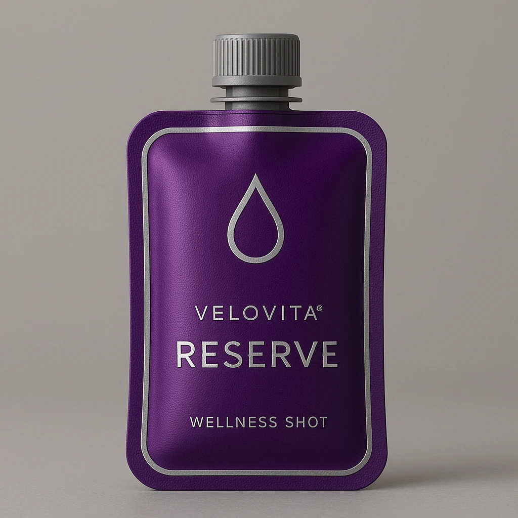 A compact, high-end purple wellness shot pouch with silver trim and a droplet icon, symbolizing VELOVITA® RESERVE antioxidant supplement, in a contemporary style. emoji
