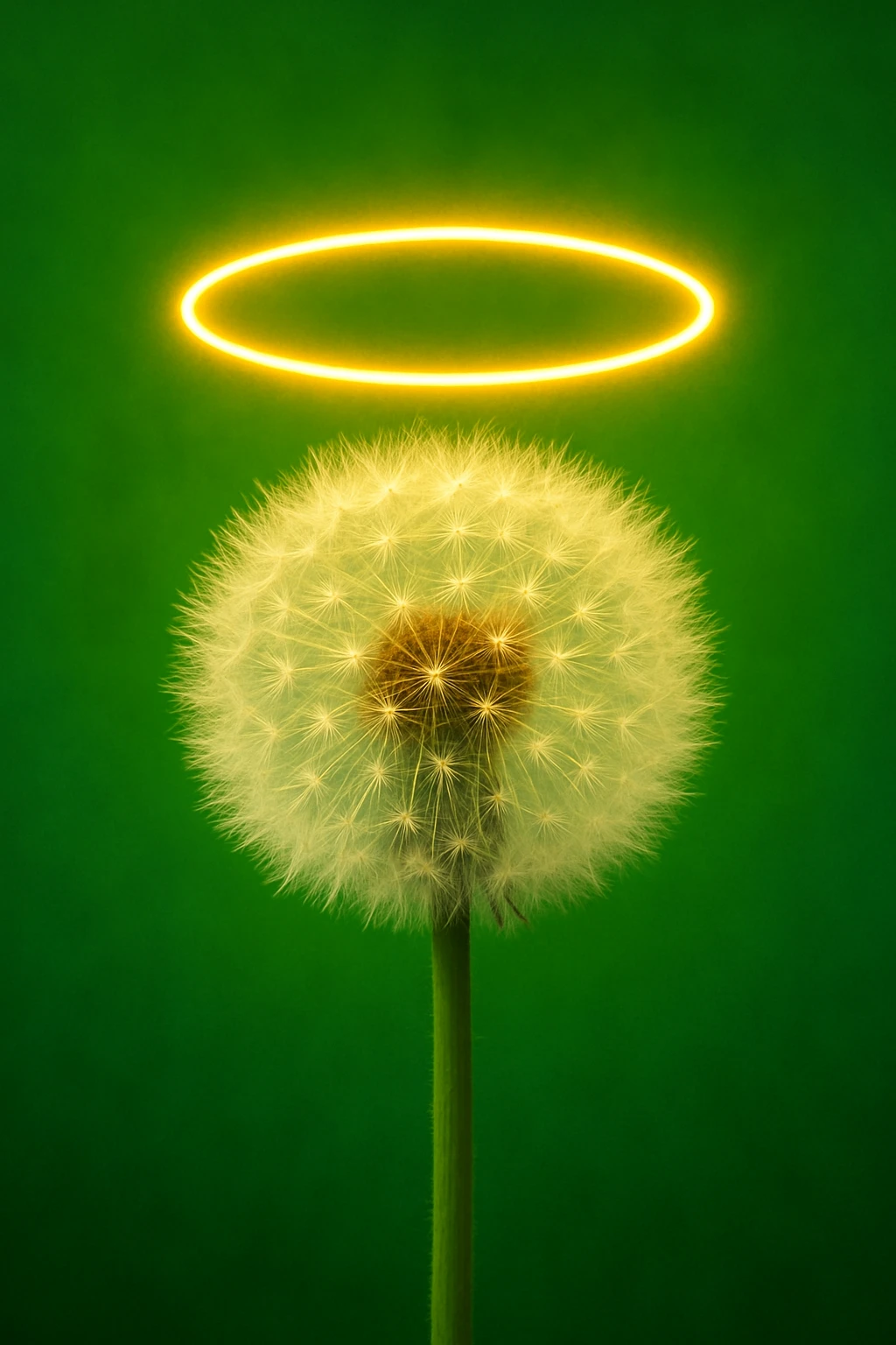 a dandelion with a halo and a green background emoji