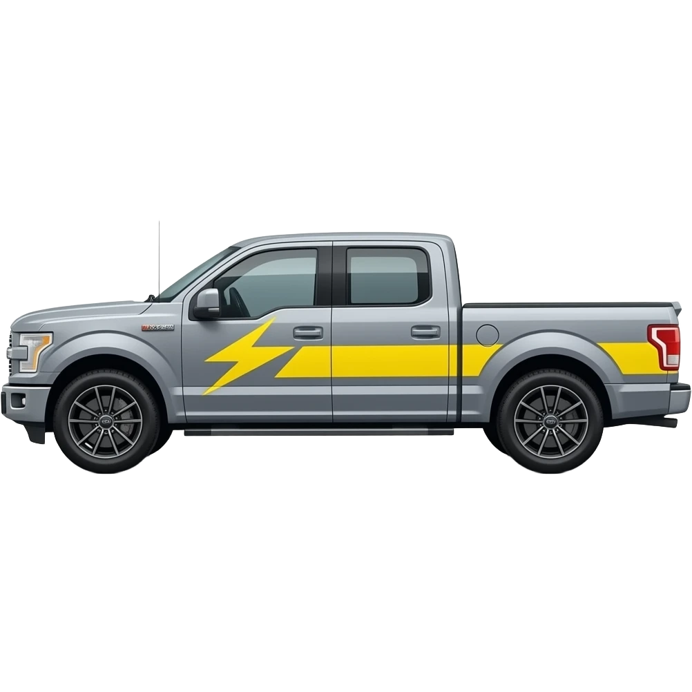 Gray ford f150 with black wheels  in side view with yellow lightning bolt oriented horizontally superimposed on side emoji