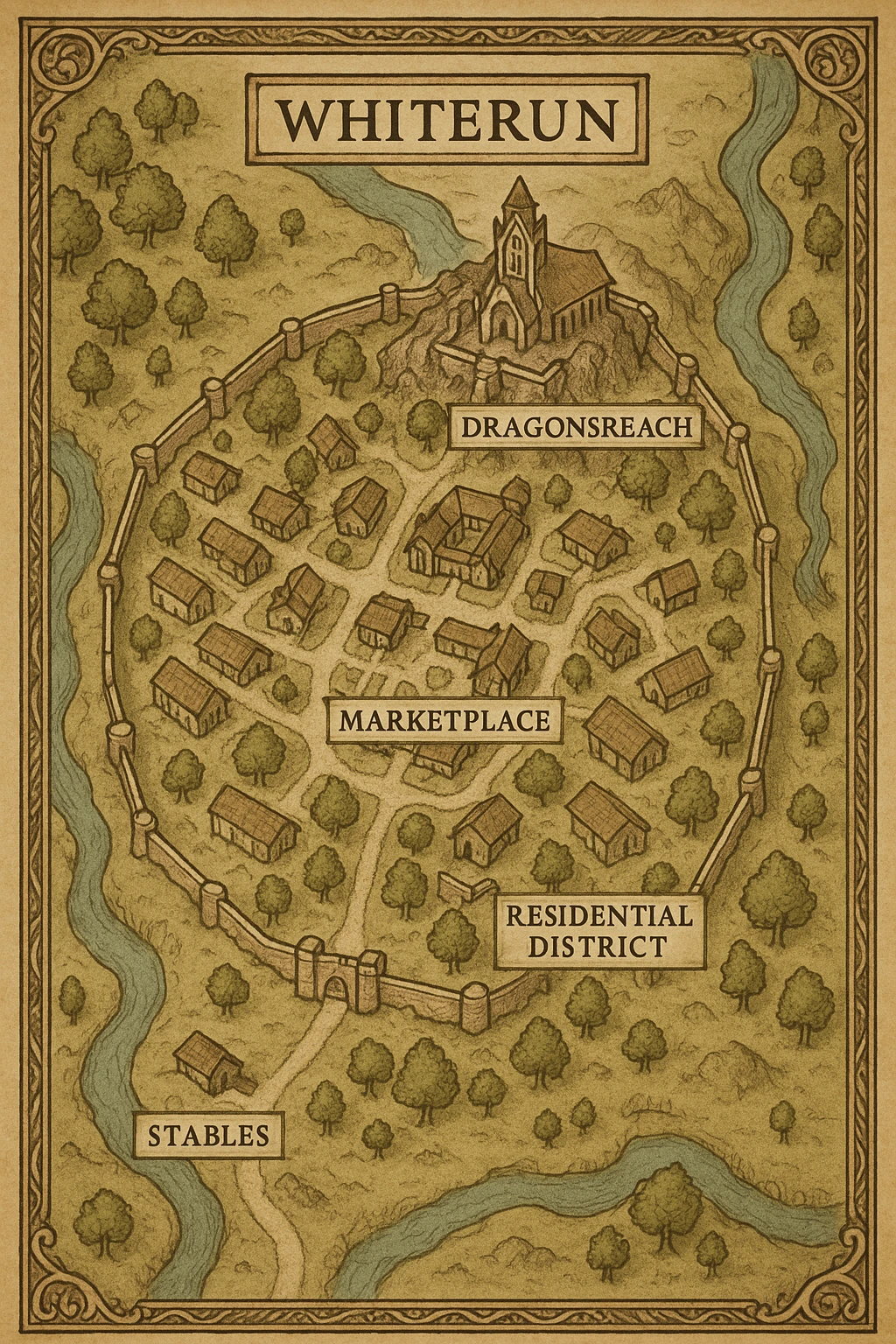 A vertical overhead map of the town of whiterun from skyrim emoji