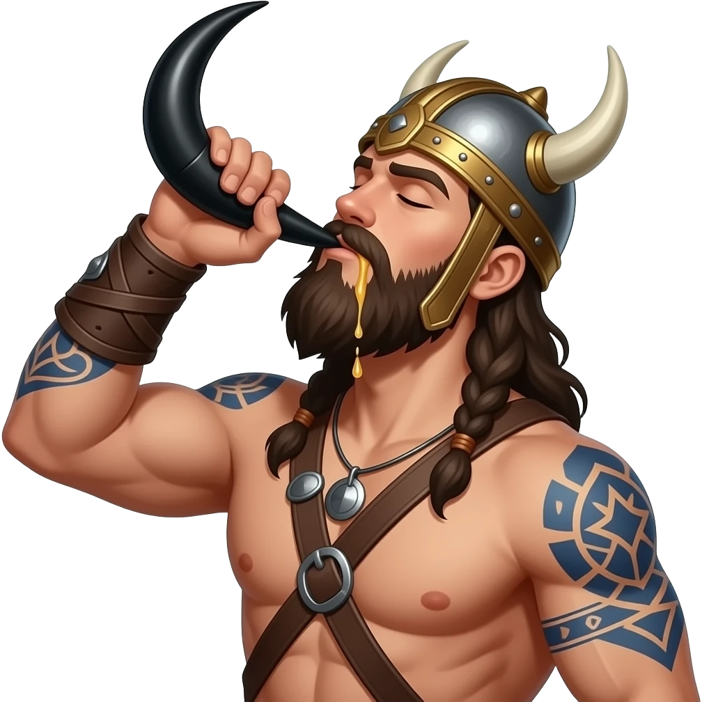Dark haired sexy bearded viking  with viking helmet, eune tattoos and muscular no shirt, drinking beer out of a Black horn,his head tilted up and eyes closed. Beer dripping down his beard. Fantasy. Realistic emoji