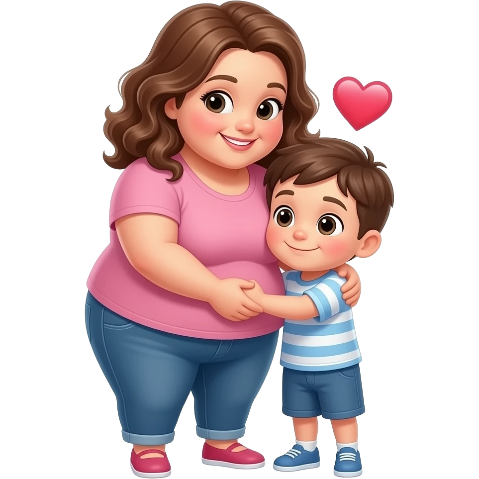 crea un emoji de una gorda no tan blanca cabello ondulado , abrazando a un niño blanquito y este corazón 💘 , a cuerpo completo los dos emoji