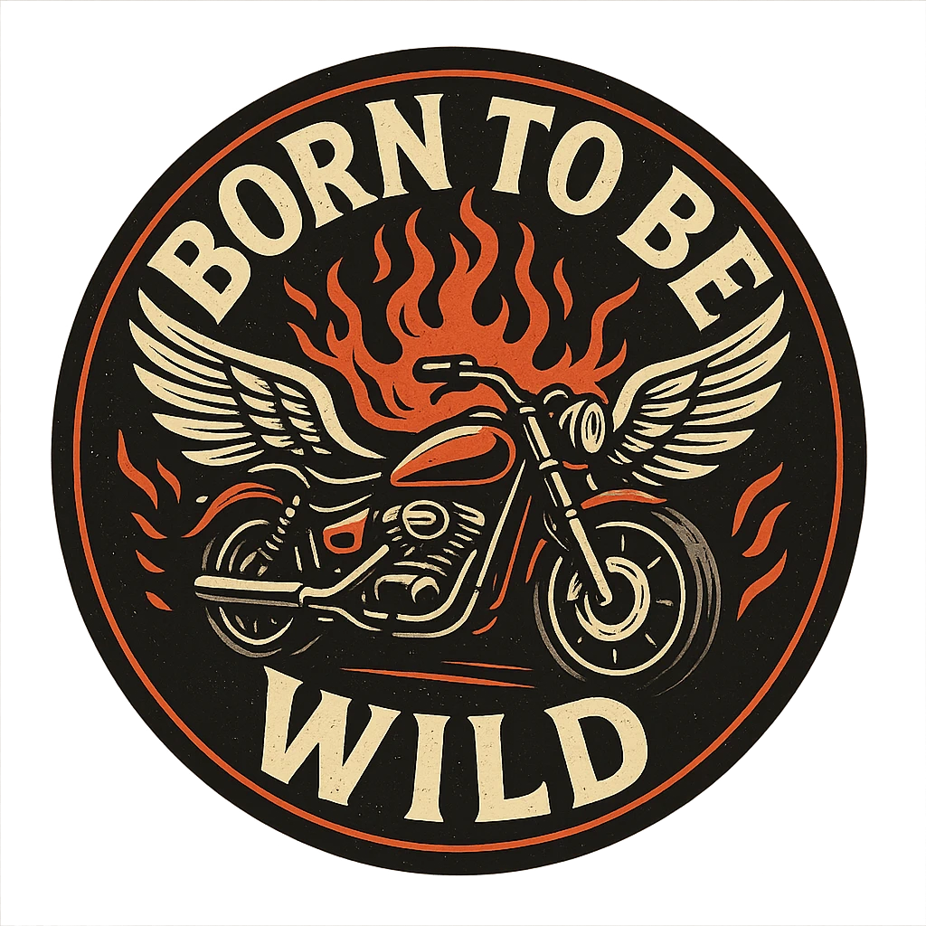 circular motorcycle cap design with transparent background, text 'Born to be wild', motif: motorcycle, flame, wing, unique style emoji