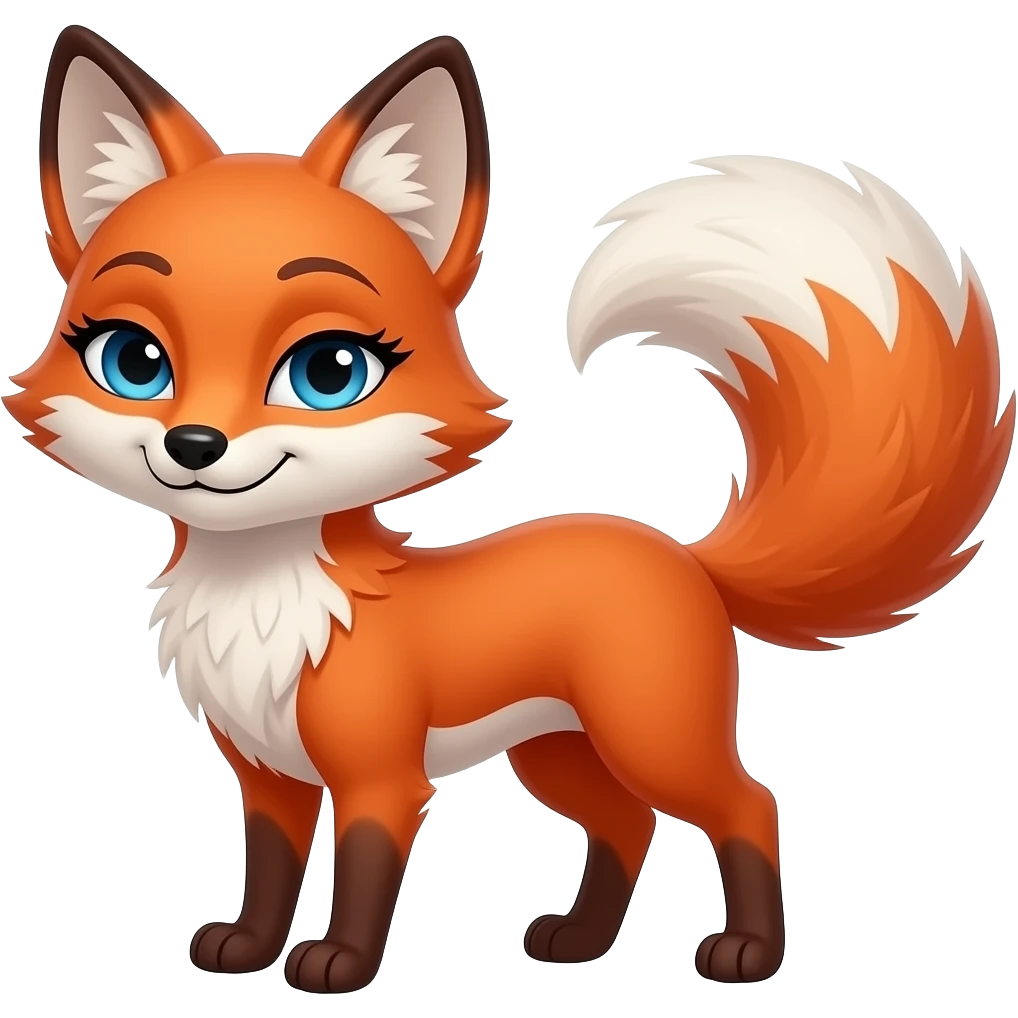 A slender red-orange vixen fox emoji with vibrant blue eyes and a long, fluffy white-tipped tail. Looking flirty and seductive with heavy-lidded 'bedroom eyes,' long thick black eyelashes, and a soft, knowing smirk. emoji