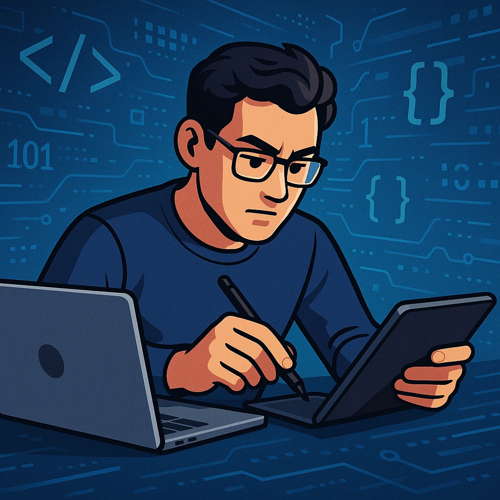 A developer multitasking with a laptop and a tablet, stylus in hand, focused expression, techy background. emoji