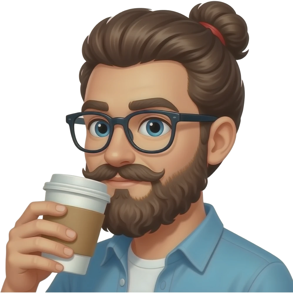 hipster with glasses and curly mustache and a man bun drinking coffee emoji