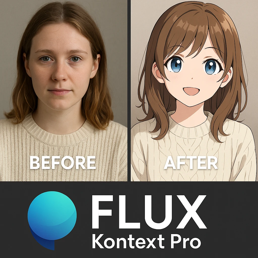 create before after image of a girl before is realsitic photo, after is anime version of her in same pose and clothes, add logo with text of a "FLUX Kontext Pro" emoji