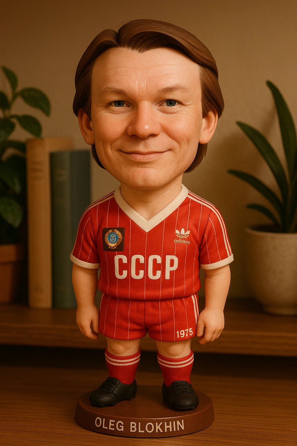 Олег Блохин в форме сборной СССР 1975 года смотрит на прямо на зрителя и слегка улыбается, освещение с левой верхней стороны кадра emoji