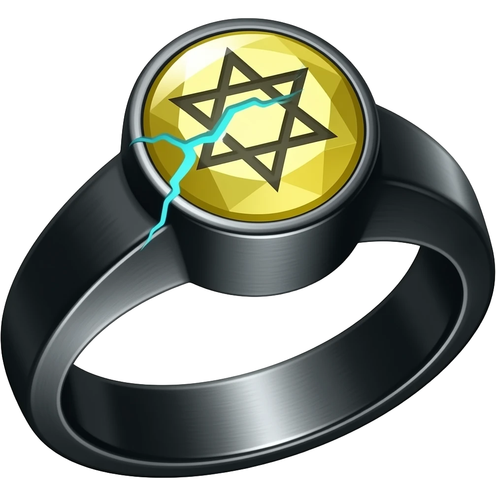 A obsidian ring with a BIG yellow gem, that has a pentacle carved into it, and a crack goin through it glowing light blue emoji