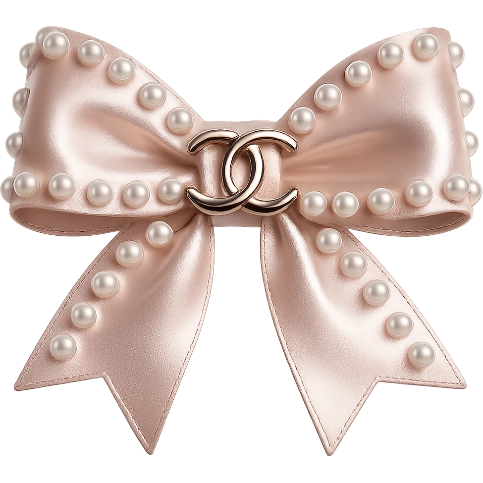 Remove the background, keep only the elegant bow with pearls and gold Chanel logo, glossy, pastel colors, realistic style, with no background. blackpink emoji