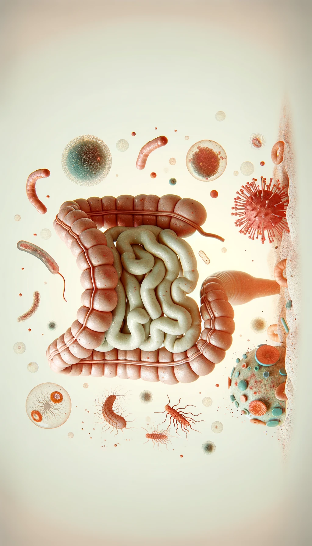 intestino umano anatomico con batteri e parassiti che gli fluttuano dietro, sfondo chiaro emoji