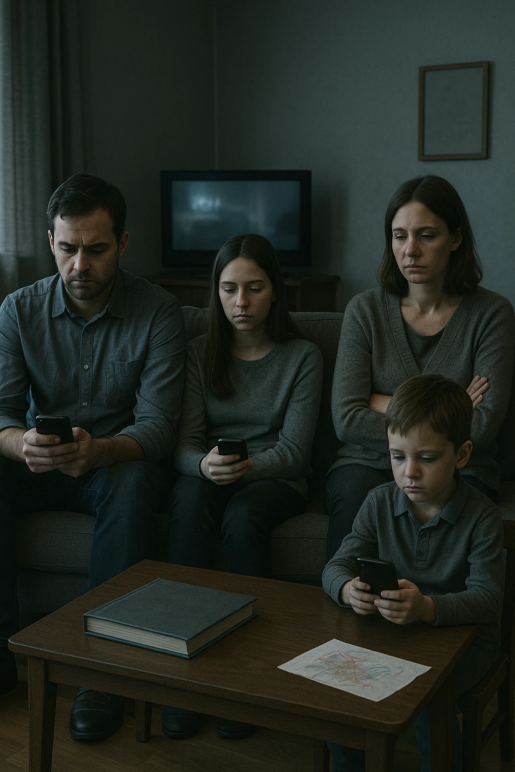 Famiglia composta da padre, madre e uno o due figli seduti nello stesso ambiente domestico (salotto o tavola da pranzo), ma ciascuno è assorto nei propri pensieri, con espressioni spente e distaccate. Nessuno si guarda o sorride. I colori dell’ambiente sono freddi e grigi, la luce è debole. Intorno a loro, simboli di disconnessione: telefoni in mano, TV accesa ma ignorata, silenzio. L’atmosfera è visivamente carente di calore emotivo. Nessun contatto fisico, postura rigida. Un dettaglio visivo come un album di foto chiuso sul tavolo o un disegno dei figli dimenticato sul pavimento accentua la mancanza di dolcezza e unione emoji