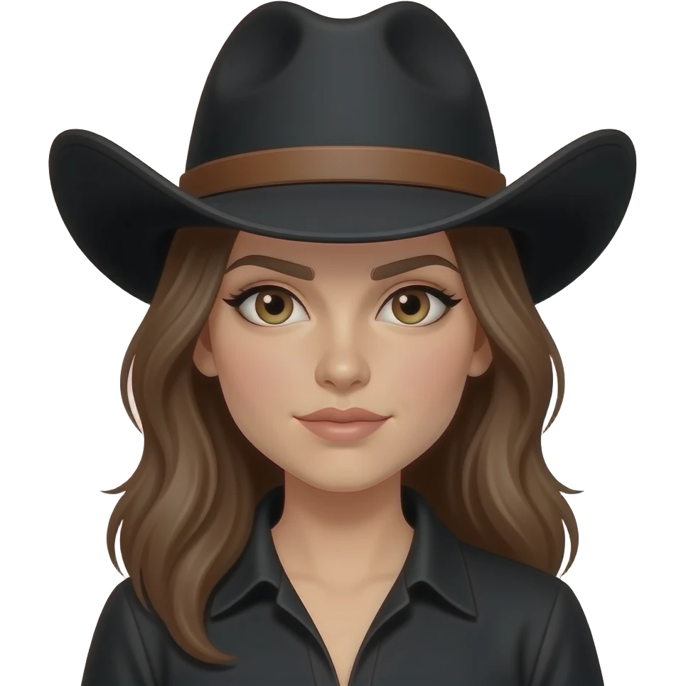 Cowgirl  pero con el sombrero negro castaña, ojos verdad y ropa negra emoji