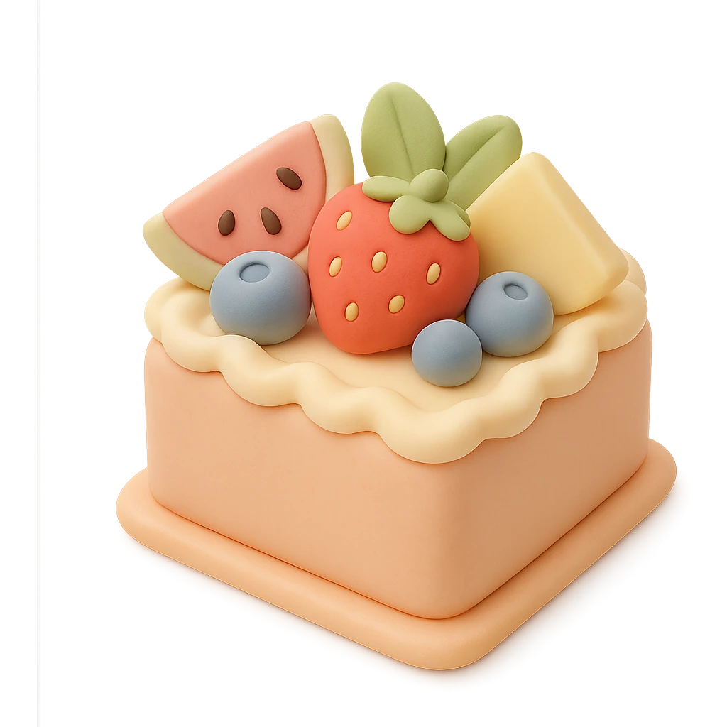 square fondant cake with fruit toppings emoji