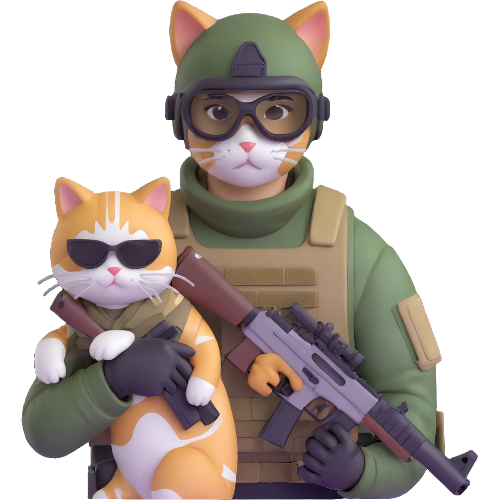 Man in tactical airsoft gear wearing protective goggles on face, holding a gun in one hand and a white and brown cat in the other hand emoji