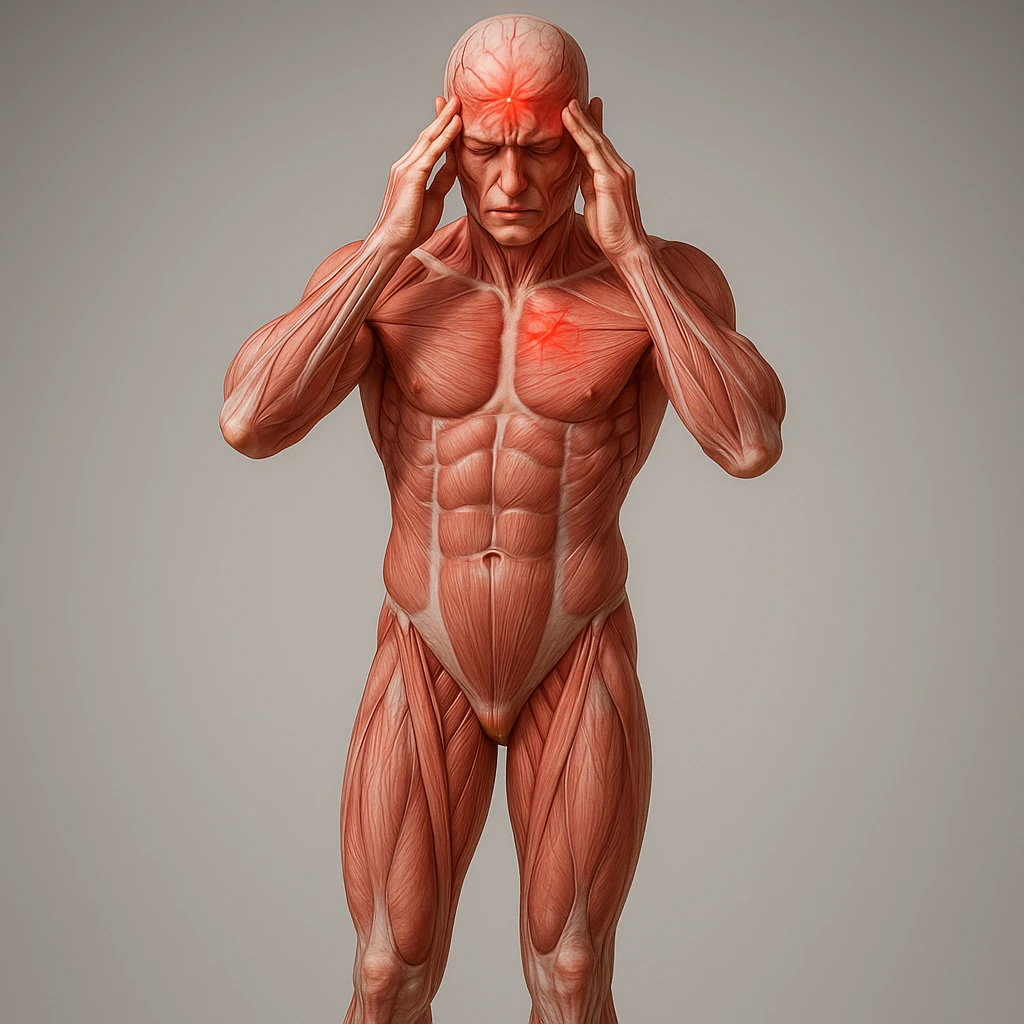 Full figure, hyperrealistic 4K medical illustration, exactly matching the style, pose, and composition of the reference: anatomical human body holding fingers on temples, contracted forehead, red spot on the forehead, expression of pain, clear background, extremely detailed, same lighting and style as reference. emoji