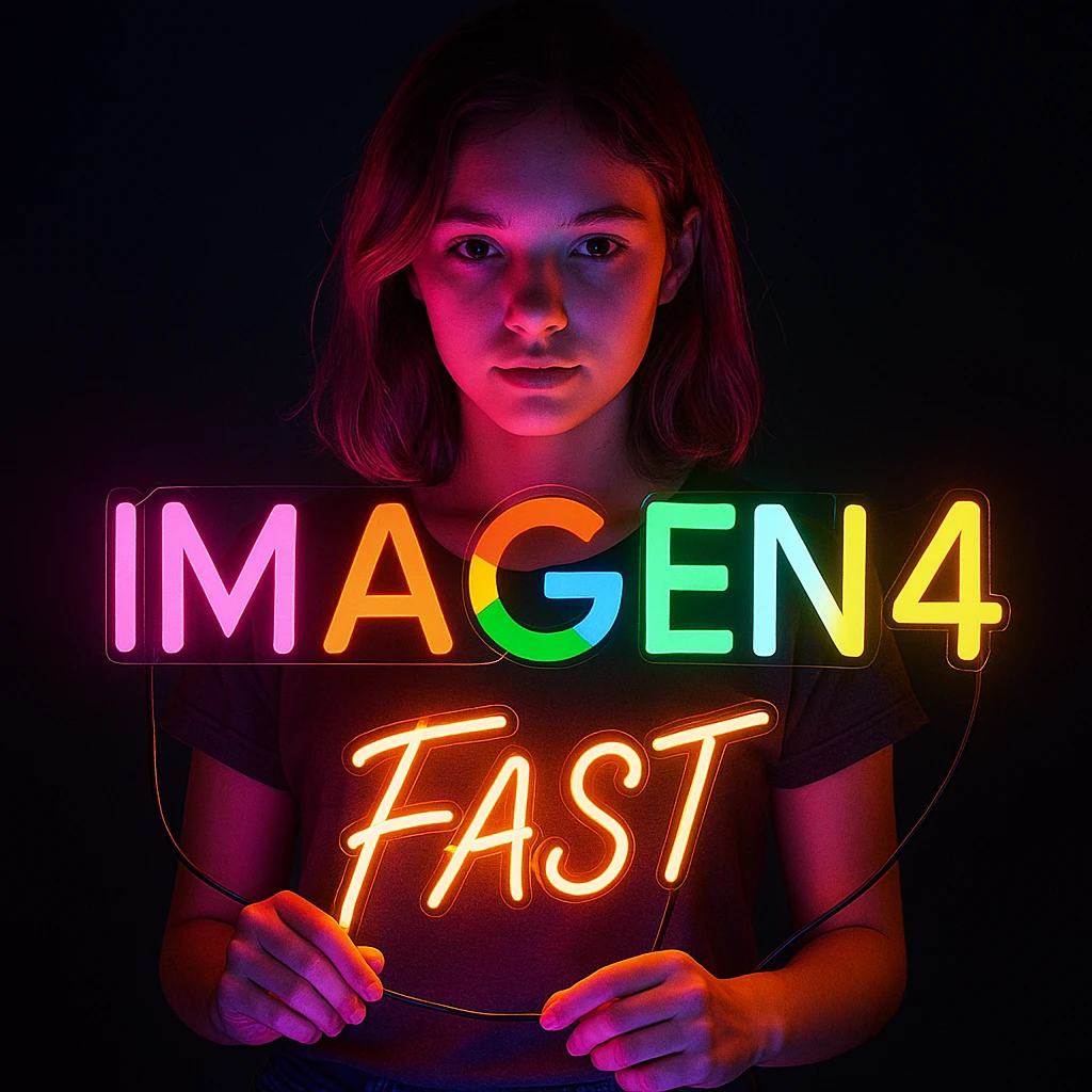 make a girl holding this sign, but sign in made of neon, also add fast below the sign emoji