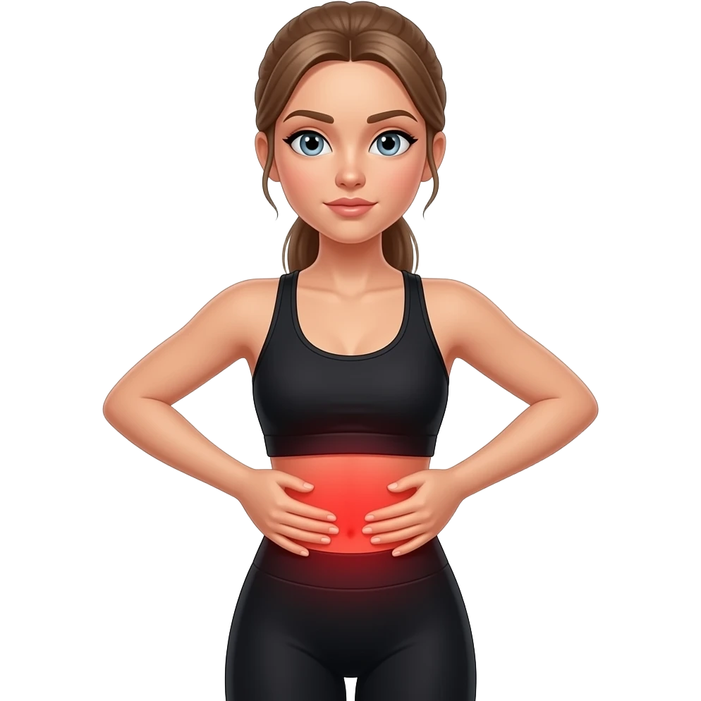 back pain, red glow on lower back, woman with hands on lower back, fair-skinned woman, gray-blue eyes, ash brown brows, ash light brown hair tied back, slim athletic body, black workout set, white background emoji