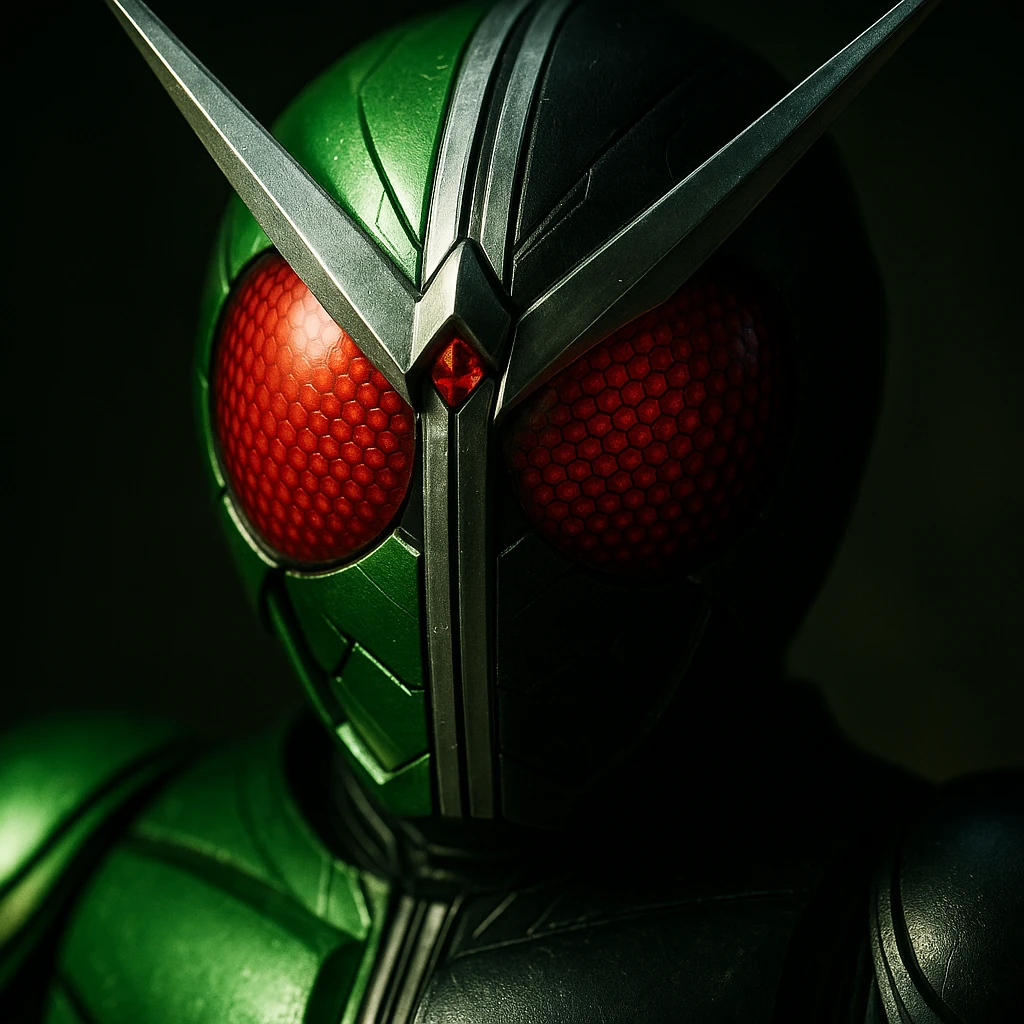 Kamen Rider W, close-up of helmet, split color design, dramatic lighting emoji